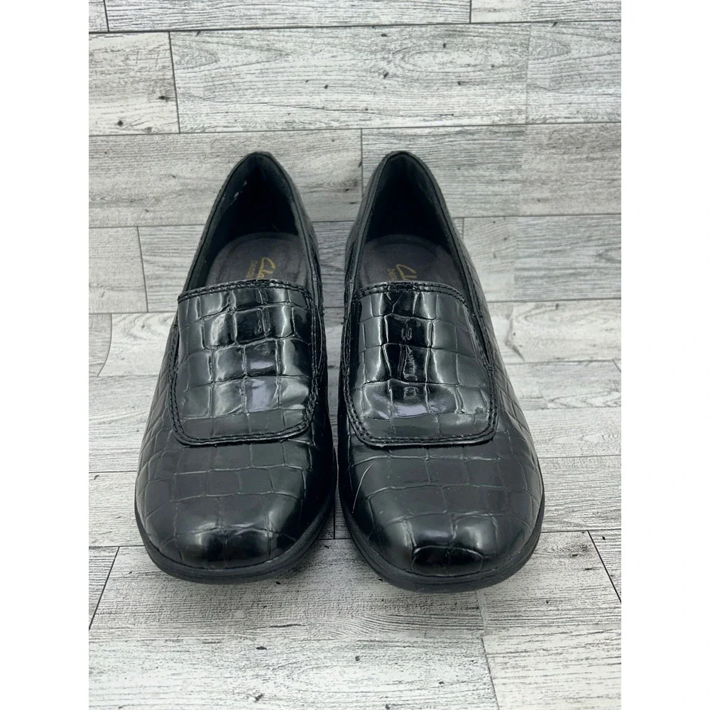 Clarks Bendables Black Croc Embossed Wedge Loafers‎ 67091 Women Size 9M